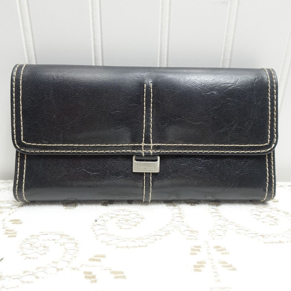 Vintage Liz Claiborne Black Faux Leather Trifold Wallet Contrast Stitching